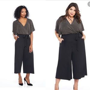 Maggy London Black Wide-Leg Jumpsuit with Metallic Gold Wrap Top